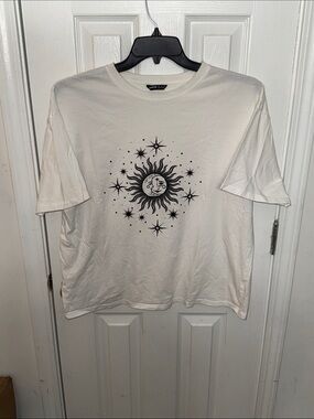 SHEIN White Tee with Black Sun & Stars Graphic